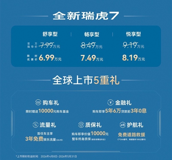 奇瑞新款瑞虎7上市 售价799-919万