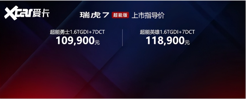 售1099万元起 奇瑞瑞虎7超能版正式上市