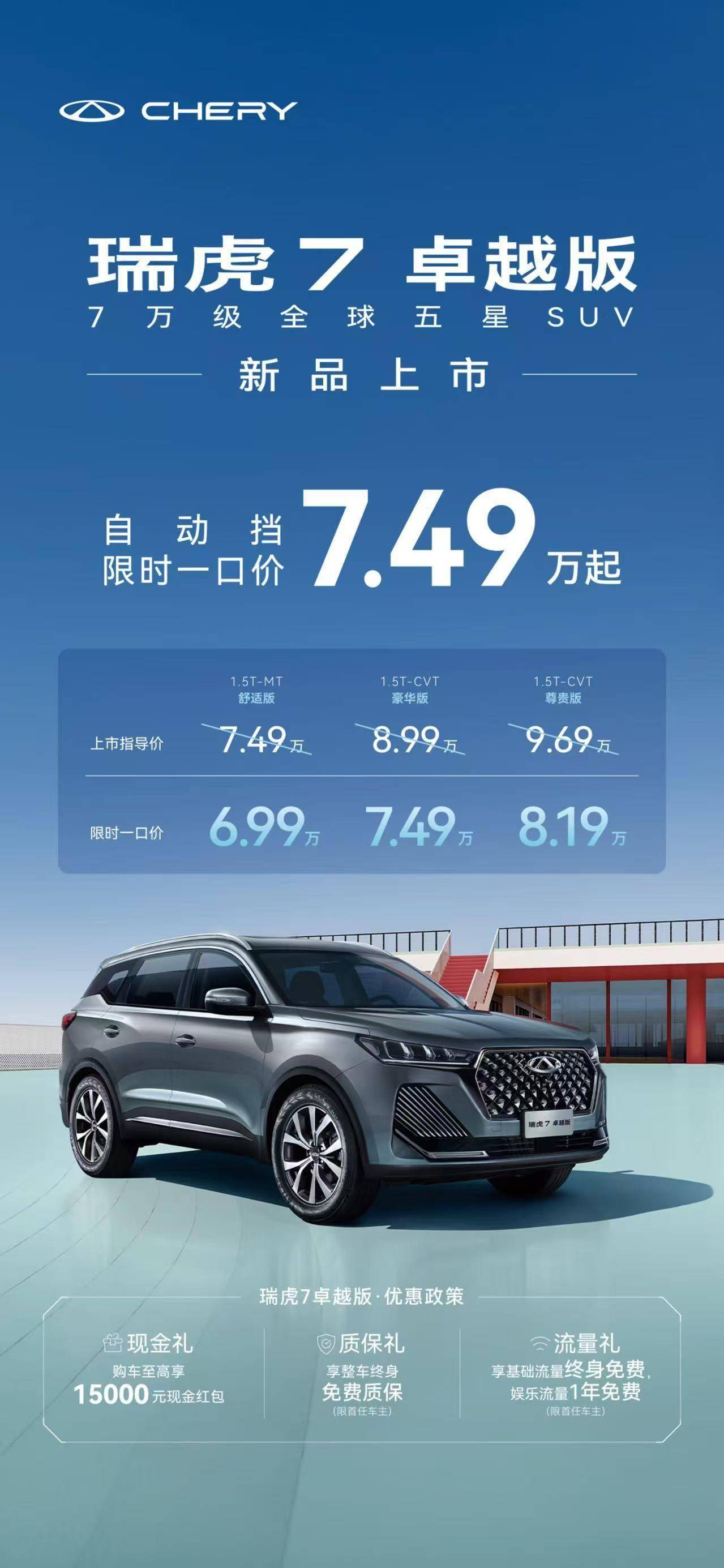 限时一口价699万元起15T紧凑型SUV 2025款奇瑞瑞虎7卓越版上市